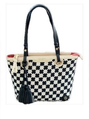 Spartina 449 Black & Cream Patterned Tote with Tassel Accent